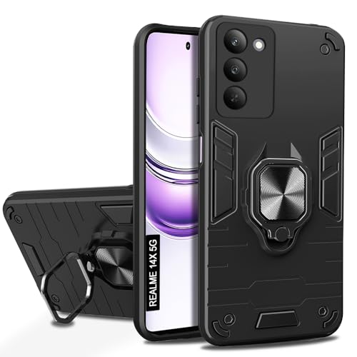 Image of AESTMO Realme 14X 5G Back Case Cover | Tough Armor Bumper | Ring Holder & Kickstand in-Built | 360 Degree Protection Cover for Realme 14X 5G (Black)
