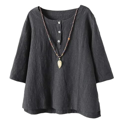 Minibee Women's 3/4 Sleeve Cotton Linen Jacquard Blouses Top T-Shirt (L, Gray)