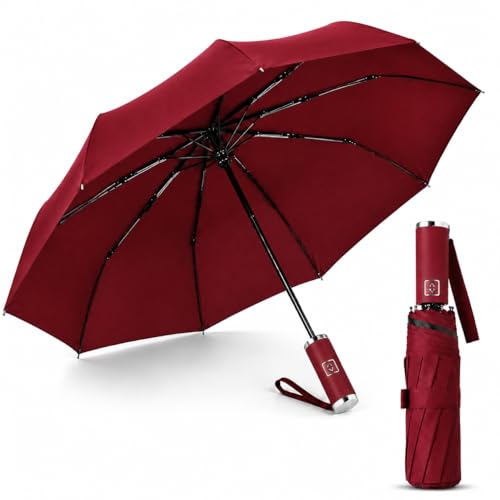 SHOPPOSTREET Umbrella for Women,Folding Umbrella Windproof 10 Ribs Travel Umbrella with Premium Handle Compact Auto Open Close for Men & Women (RED)