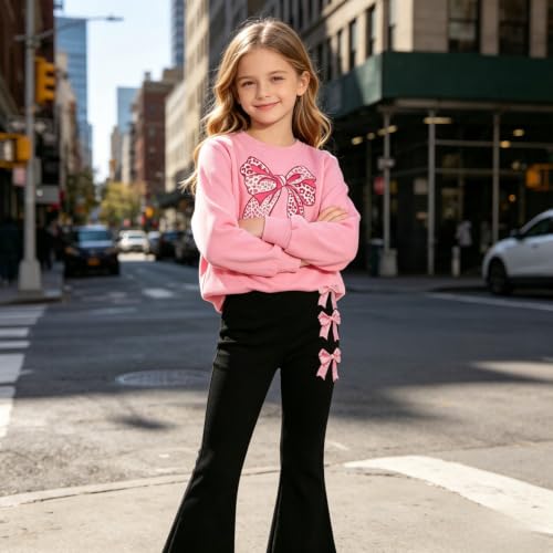 Image of Girls Clothes 2 Piece Cute Bow Print Sweatshirt & Flare Pants Fall Winter Outfits Set Size 7-14Y