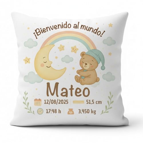 Cojin nacimiento personalizado con nombre | Cojin personalizado bebe ideal como regalo bebe recien nacido | Cojin personalizado con diseño único y tierno (Verde)