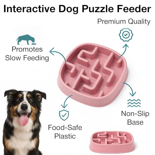 Image of Slow Feeder Bowl | Square Maze Food Bowl for Dogs and Cats | Anti Choking Puzzle Bowl | Anti Slip Interactive Feeding Dish | Durable & Easy to Clean | Anti Bloat and Aids Digestion (Pink)