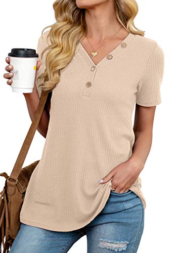 ANIXAY Womens Waffle Knit Tunic Tops Short Sleeve Loose Fitting Daily Casual Button Up Basic Henley Tops Oatmeal-Small