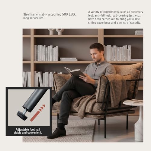 YEEFY Bouclé Loungesessel mit Metallbeinen – gepolsterter Akzentstuhl als Lesesessel, Wohnzimmerstuhl, Schlafzimmerstuhl & Balkonstuhl, moderner Polstersessel für Entspannung (Braun, 1 Stück)