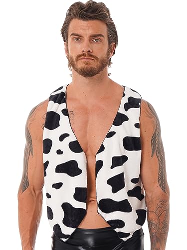 YiZYiF Uomo Flanella Mucca Modello Senza Maniche Gilet Top Open Front Animal Cow Cosplay Clothing Party Outfits Clubwear Nero S
