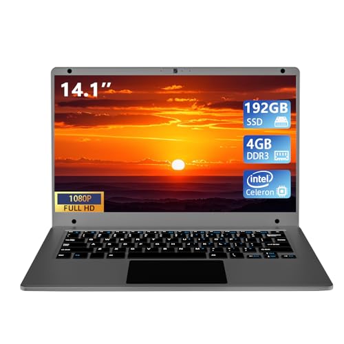 Morostron Computer portatile da 14,1 pollici, Celeron Quad-Core fino a 2,2 GHz, 4 GB di RAM e SSD da 192 GB, computer portatile W11 con FHD IPS, notebook sottile e leggero, laptop da lavoro e studenti