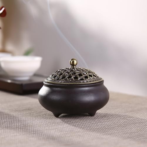 Weihrauchbrenner Keramik, Räuchergefäß Räucherstäbchenhalter, Chinesisch Porzellan Räucherschale mit Feuerfeste Matte und Metall Deckel, Incense Burner für Home Deko Geschenk