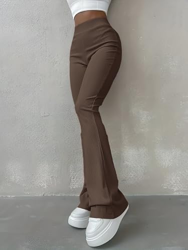 Image of Jawdrobe Women's High Waist Ribbed Flared Pants Stretchable Slim Fit Bootcut Trousers Soft Knit Casual Wear for Daily Office Travel (for Ideal Height 5.3)