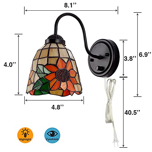 Tiffany Bedside Wall Mount Lamp With Dimmable Switch, Industrial Vintage Gooseneck Wall Sconce With Plug In Cord, Flowers Stained Glass Shade Wall Light Perfect For Bedroom, Living Room And Hotel #TOP4