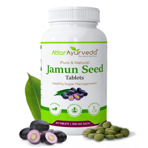 Image of Attar Ayurveda Jamun Seed Extract tablet 500mg, 60 tablets | Beneficial in controlling Blood Sugar Levels, Boosting Digestion, Blood purification and Detoxification (Pack of 1)