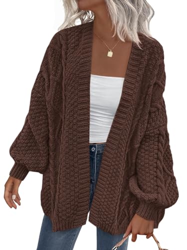 PRETTYGARDEN Cozy Long Sleeve Cable Knit Sweater Women Dressy Casual Solid Color Loose Fitting Ladies Sweaters Outerwear (Brown, X-Large)