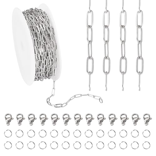 FASHEWELRY 10 m Catena a maglie con clip in acciaio inossidabile, maglia piatta ovale con chiusure, anelli a salto, connettori per la creazione di gioielli fai da te, collana, bracciale, elaborazione