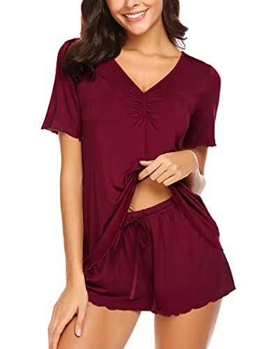Ekouaer Summer Pjs for Women V Neck Pajamas Set with Ruffles Shorts Comfy Sleepwear Short Sleeve Night Suits, Medium Wine Red
