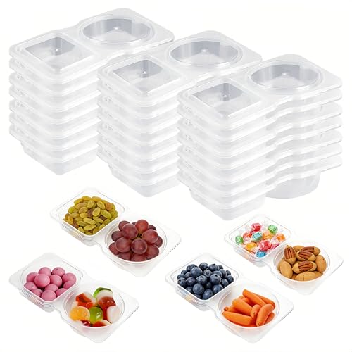 KASURE 25 Pieces Spice Containers Reusable Double Compartment Snack Containers Snack and Dip Containers with Lids for Takeaway Sauce Snack Microwave and Fridge Safe