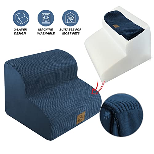 High Density Foam Pet Stairs,Anti-Slip 2-Tiers Soft Corduroy Fabric Cover Foam Climbing Pet Stairs For Short-Leg Injured Dogs To Reach High Coach Sofa Bed,Send 3 Pack Dog Bite Toys,Blue #TOP3