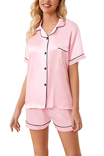 Schbbbta Satin Pajamas for Girls, 2 Pcs Sleepwear Short Sleeve Silk Satin Summer Pajama Set for Girls, Candy Pink, 4-5 Years = Tag 104