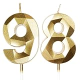 Gold 98. Geburtstagskerzen, 98. Geburtstagsdekorationen für Frauen und Männlich, 3D-Zahl-98-Kerze für Kuchen, Goldene Kuchendekorationen für Geburtstagsfeiern und Hochzeiten Zubehör