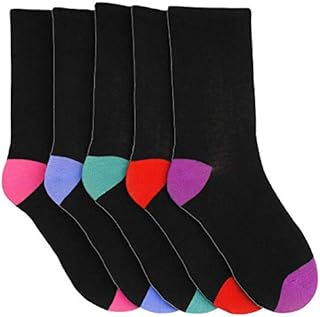 QZ FASHION Ladies 5 Pairs Cotton Rich Socks Black with Multicoloured Heels & Toes 4-6