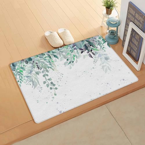 Watercolor Eucalyptus Kitchen Bath Door Mat Cushioned Runner Rug,Washable Welcome Floor Sink Antifatigue Mat,Waterproof & Non-Slip Comfort Standing Doormat,Botanical Sweeping Leaves White 18