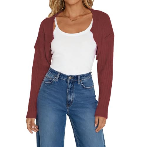 Image of Women Long Sleeve Open Front Ribbed Knit Crop Cardigan Solid Loose Drop Shoulder Shrug Bolero Crop Sweater Top