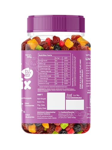 Image of Livyor 7 in 1 Dried Fruits and Berry Mix for eating - 200 gm | Good Source of Fibre | Dried Cranberries | Pineapple | Pamelo | Papaya | Blueberries | Strawberries | Mango | Fruits & Berry Blast | Berries dry fruits | Berries fresh | Pack of 1