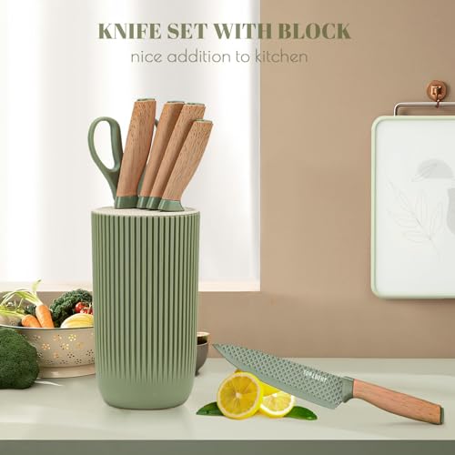 Chef Knife Set with Block, 6-Piece Kitchen Knives Set with Sharp Blades, Professional Knife Set with Ergonomic Handle, Non-Stick Stainless Steel Knife Block Set (Green) - Image 5