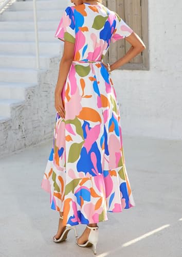 Image of PRETTYGARDEN Women's Summer Wrap Maxi Dress Casual Boho Floral V Neck Short Sleeve Ruffle Hem Split Beach Long Dresses