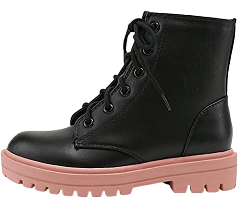 Soda Firm-IIS Girls Lace Up Side Zipper Vegan Leather Combat Boots Black/D-Mauve 1