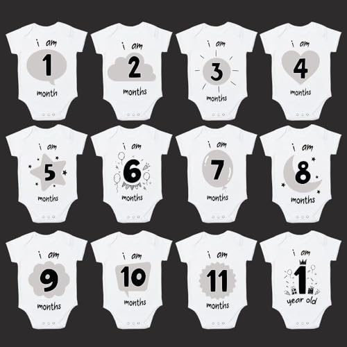 Milestone Grows lot de 12 bodys unisexe noir et blanc avec tailles évolutives