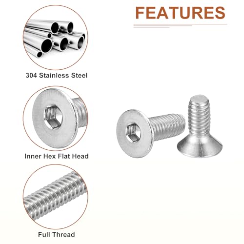 Image of DTGN M4-0.7 x 10mm Flat Head Socket Cap Screws, 100 Pack 304 Stainless Steel Hex Socket Flat Head Screws, Full Thread, Countersunk Bolts