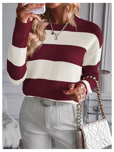 Image of MakeMeChic Women's Striped Sweaters Colorblock Crew Neck Long Sleeve Casual Pullover Tops Burgundy X-Large