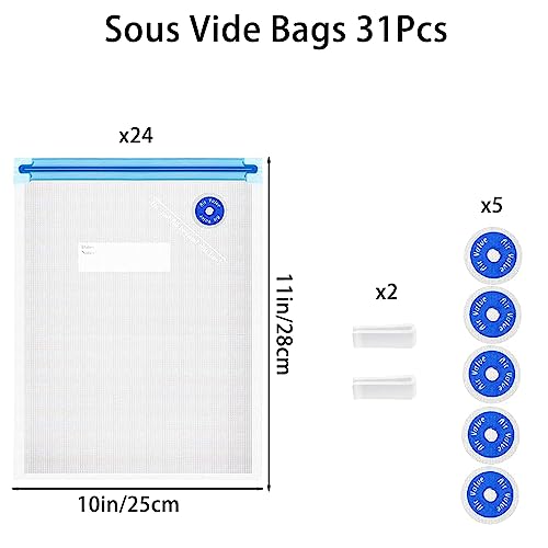 Sous Vide Bags 31 Pcs (24 Pcs Vacuum Zipper Bags & 2 Seal Clips & 5 Air Valves), Reusable BPA Free Vacuum Sealer Bags (11 * 10 in) Vacuum Food Storage Bags for Cooking/Food Storage/Microwave Heating