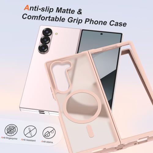 Image of ORETECH Magnetic Case Compatible with Samsung Galaxy Z Fold 6 Case, Translucent Back Non-Slip Hard PC Shockproof Bumper Protective Phone Case Cover for Samsung Z Fold 6 - Light Pink | Translucent Back Non-Slip Hard PC Shockproof Bumper Protective Phone Cover