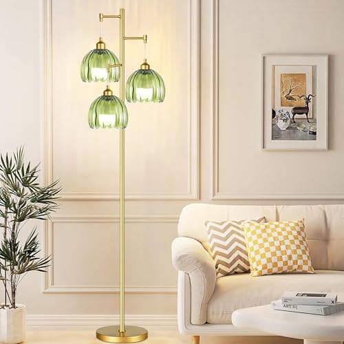 Image of ZECOXOL Gold Floor Lamps for Living Room Bedroom-3 Light Glass Floor Lamp with Three Led Bulb, Rustic Tall Floor Lamp Gold Standing Lamp Tree Floor Lamps for Living Room Bedroom,Office,Corner