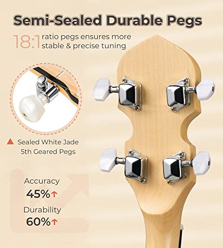 Vangoa 5 String Banjo Open Back Full Size, Clawhammer Banjo Beginner Kit With Frosted Remo Head, Maple Banjo With Geared 5Th Tuner, Natural #TOP3