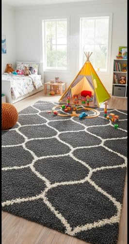 Image of Carpet for Hallway, Kitchen, and Modern InteriorsCarpetCozy Shag Runner for Living Room, Bedroom & Office Decor ETC Size 5x8 feet, Patten-Solid Grey M