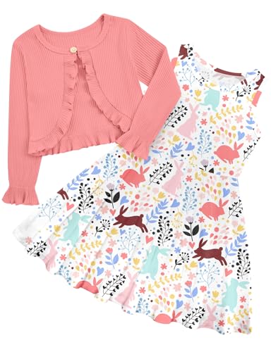 Girl Easter Dress Size 5 6 Toddler Girls Pink Rabbit Cardigan Set 5T 6T Spring Summer 2 Piece Casual...