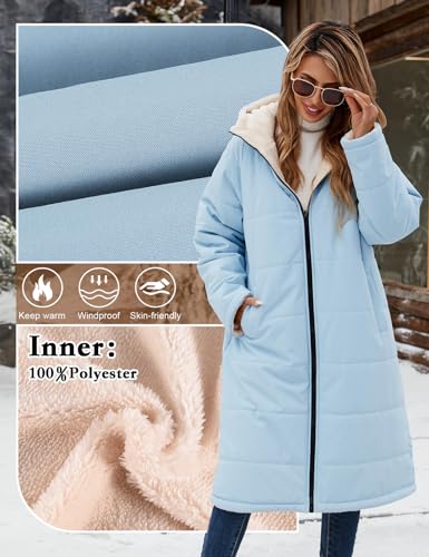 Vancavoo Wintermantel Damen Lang Winterjacke Warm Gefüttert Winterparka Winter Jacke Mantel Parka Steppmantel Daunenmantel mit Kapuze,Blau,XL