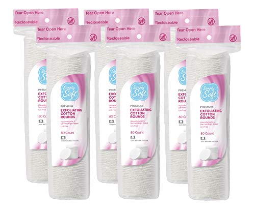 Simply Soft Exfoliating Cotton Rounds, Hypoallergenic, Dual Textured, 100% Pure and Natural Cotton, 80 Count (6 Packs), 480 Total Cotton Pads