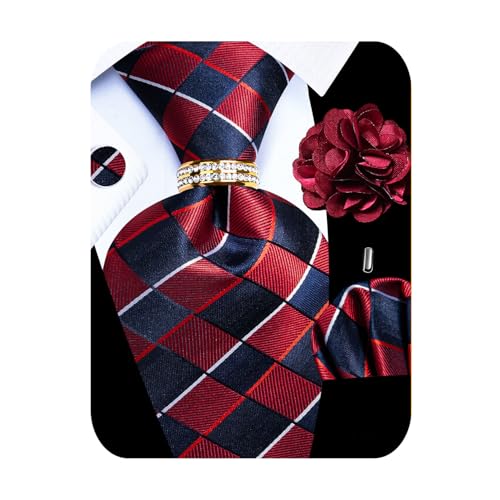 Image of 5PCS Mens Premium Silk Tie, Pocket Square, Cufflinks, Drilled Tie Ring and Lapel Pin Set for Wedding Groom Party
