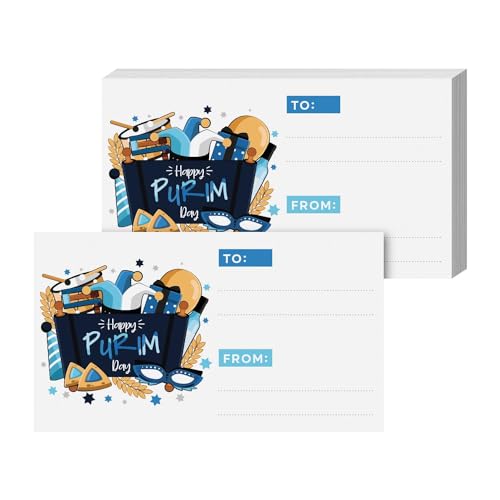 Image of Happy Purim Blank Gift Tags, 3.5 inch x 2 inch To From Jewish Holiday Religious Complimentary Greeting Note Cards for Gifts and Presents Wrapping - Business Card Size, Thick and Durable - 25 per Pack (Blue)