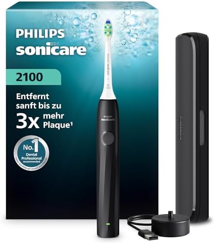 Philips Sonicare Series 2100 Elektrische Zahnbürste – Schallzahnbürste mit zwei Intensitätsstufen, EasyStart-Funktion, SmarTimer, 14 Tage Laufzeit, Reiseetui, Schwarz, HX4023/02, [