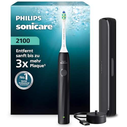 Philips Sonicare Series 2100 Elektrische Zahnbürste – Schallzahnbürste mit zwei Intensitätsstufen, EasyStart-Funktion, SmarTimer, 14 Tage Laufzeit, Reiseetui, Schwarz, HX4023/02, [Neu]