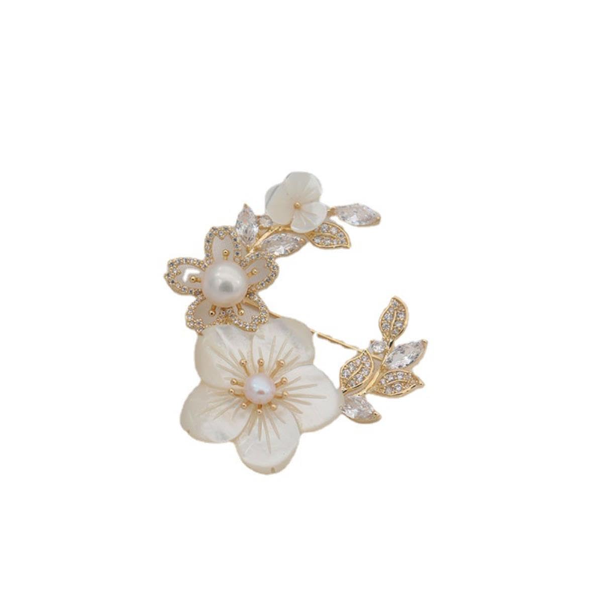Yahoya Temperament Cherry Blossom Brooch Design Sense Shell Flower Rhinestone Corsage Anti-Glare Pin Clothes Accessories