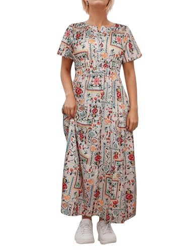 Image of Women's Summer Boho Maxi Dresses Floral V Neck Tiered Short Sleeve Long Dress Flowy Beach Vacation Dress with Pockets
