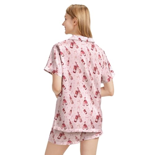 Image of Funny Satin Pajamas Set for Women Button Down Sleepwear Print Pjs Set 2 Piece Short Sleeve Loungewear Gift for Women