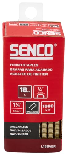 Image of SENCO L15BABR 18 Gauge, 1 /4 inch Crown Finish Staples, 1 1 /4 Inch Length, Galvanized, 1,000 Count Pack