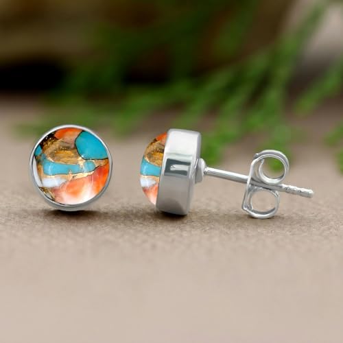 Natural Gemstone & Created Opal 925 Sterling Silver Stud Earrings for Women - Handmade Round Stone Birthstone Jewelry Push Back Earrings - Gift for Birthdays, Daily Wear or Special Occasions3