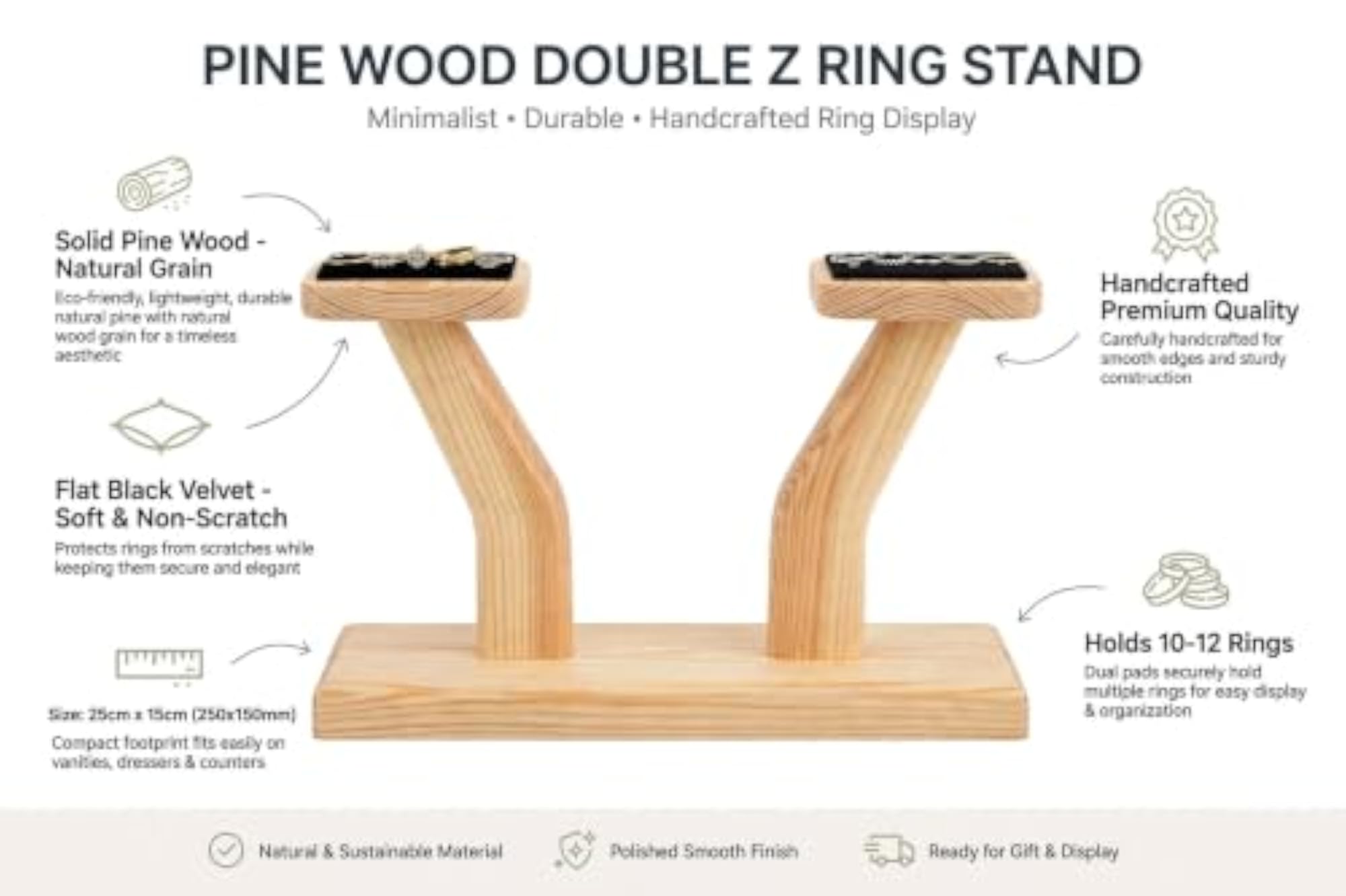 Pine Wood Ring Display Stand Holder for Jewellery