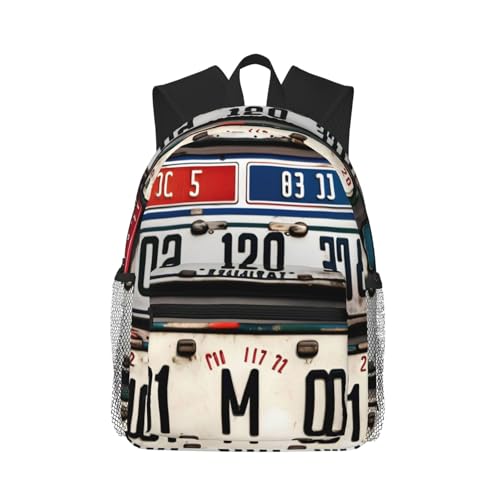 Sac à dos Old License Plate noir léger et unisexe avec poches pour le collège